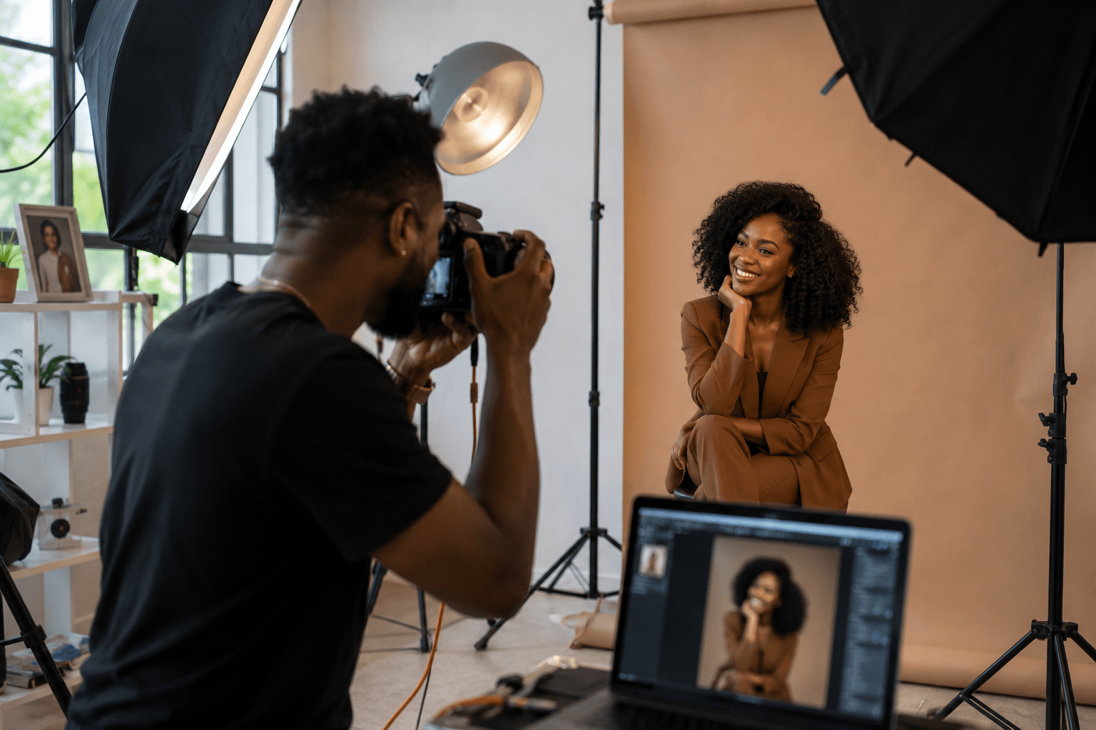 Photographer capturing a portrait subject in a studio